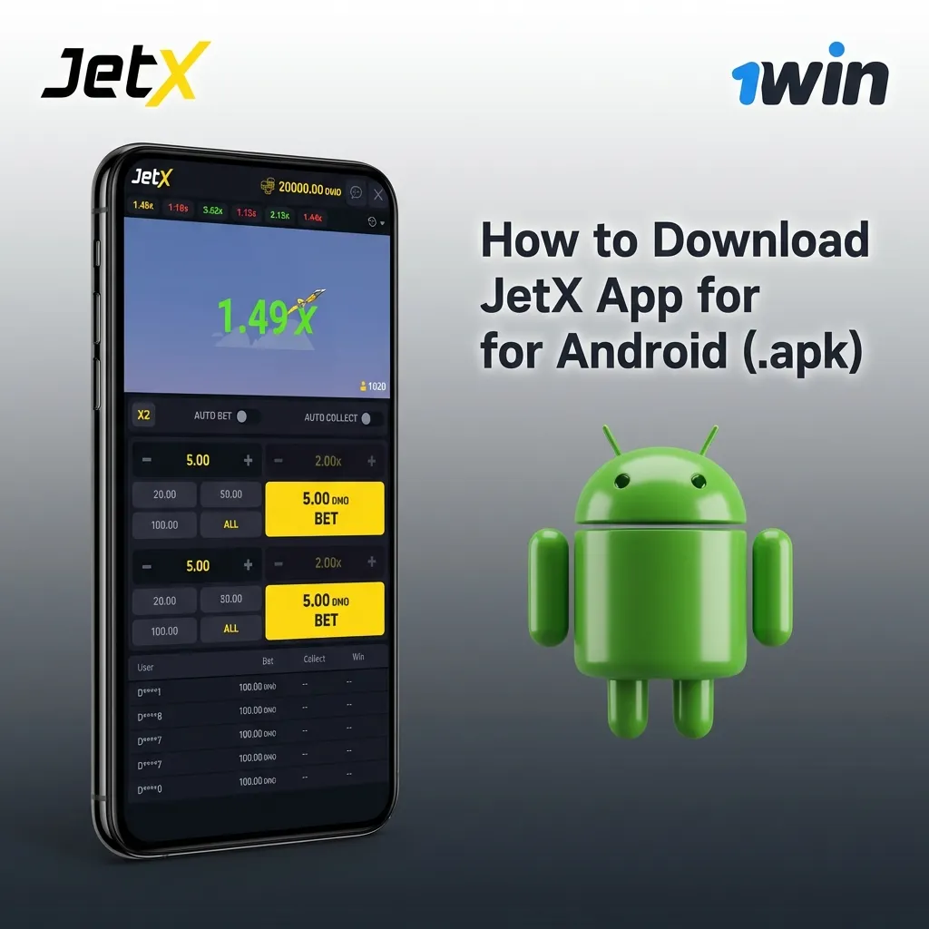 Step-by-step guide showing how to download and install the JetX Android app from 1win using APK file installation process
