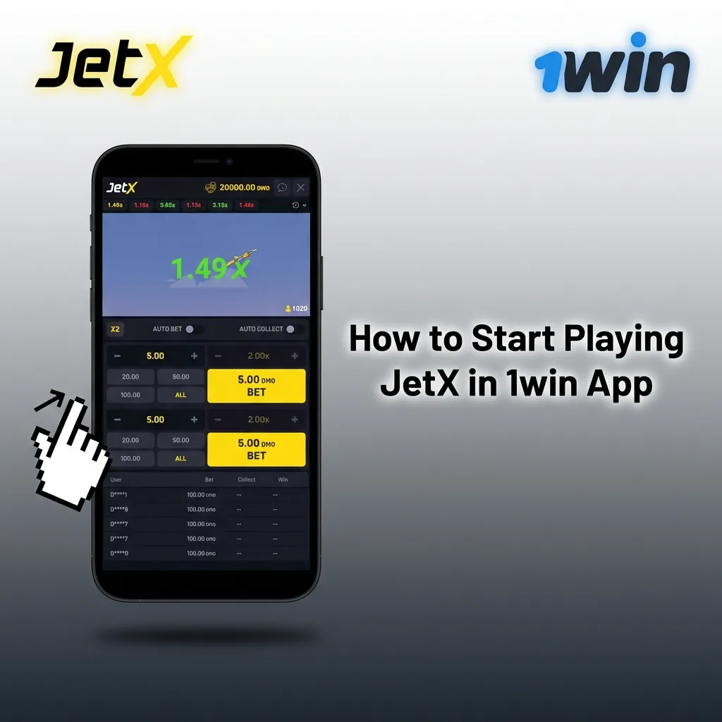Step-by-step guide showing how to register, deposit, and launch JetX game in 1win mobile app interface